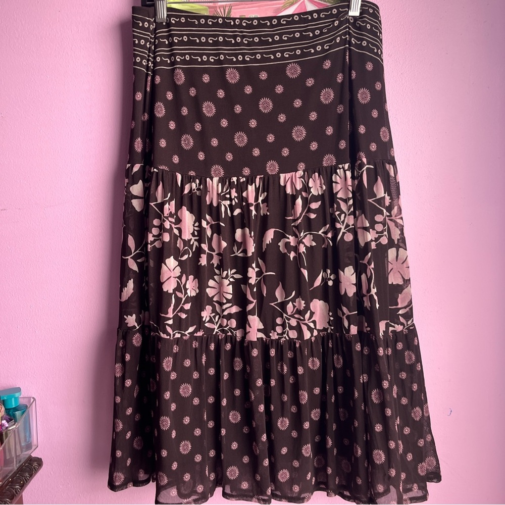 New York & Company Black and Pink Floral Midi Skirt